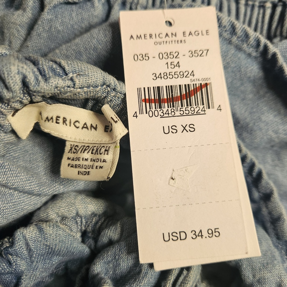 American Eagle Womens Blue Ruffled Denim Sleeveless Crop Top Shirt Extra Small - Picture 8 of 8